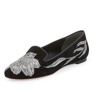Alexander McQueen Black Suede Tulip Embroidered Smoking Flats
